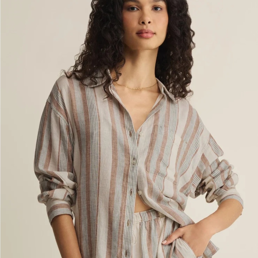 Zsupply THE PERFECT STRIPED LINEN BUTTON UP.  New with tags in island coconut
